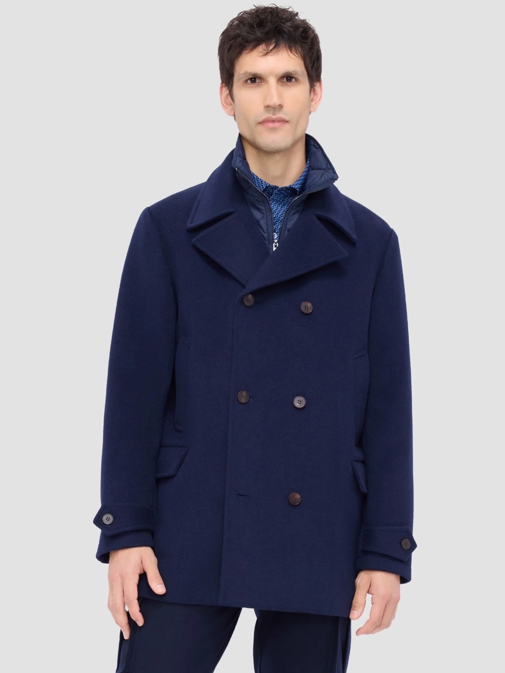 Bugatchi Men’s Wool Double-Breasted Navy Peacoat with Detachable Bib Sz M
